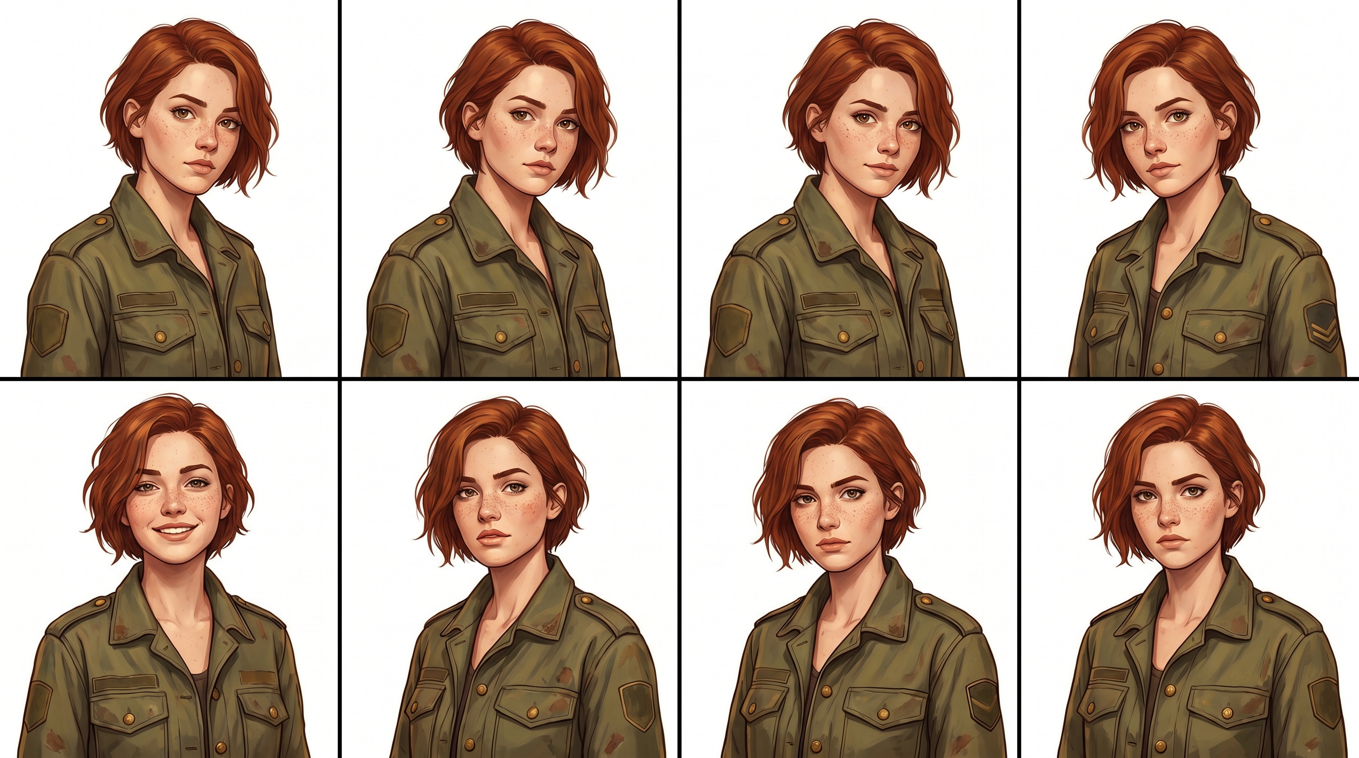 Eight consistent, on-model portraits of the same character produced by a custom-trained AI model on Civitai.